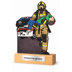 Statuetka "Strażak z dzieckiem" na drewnianej podstawie - 20cm